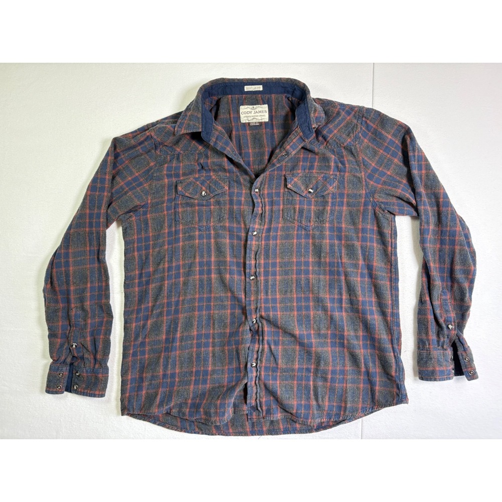 Cody James Mens XL Blue Orange‎ Plaid Western Pearl Snap Flannel Shirt CMFA19FL5